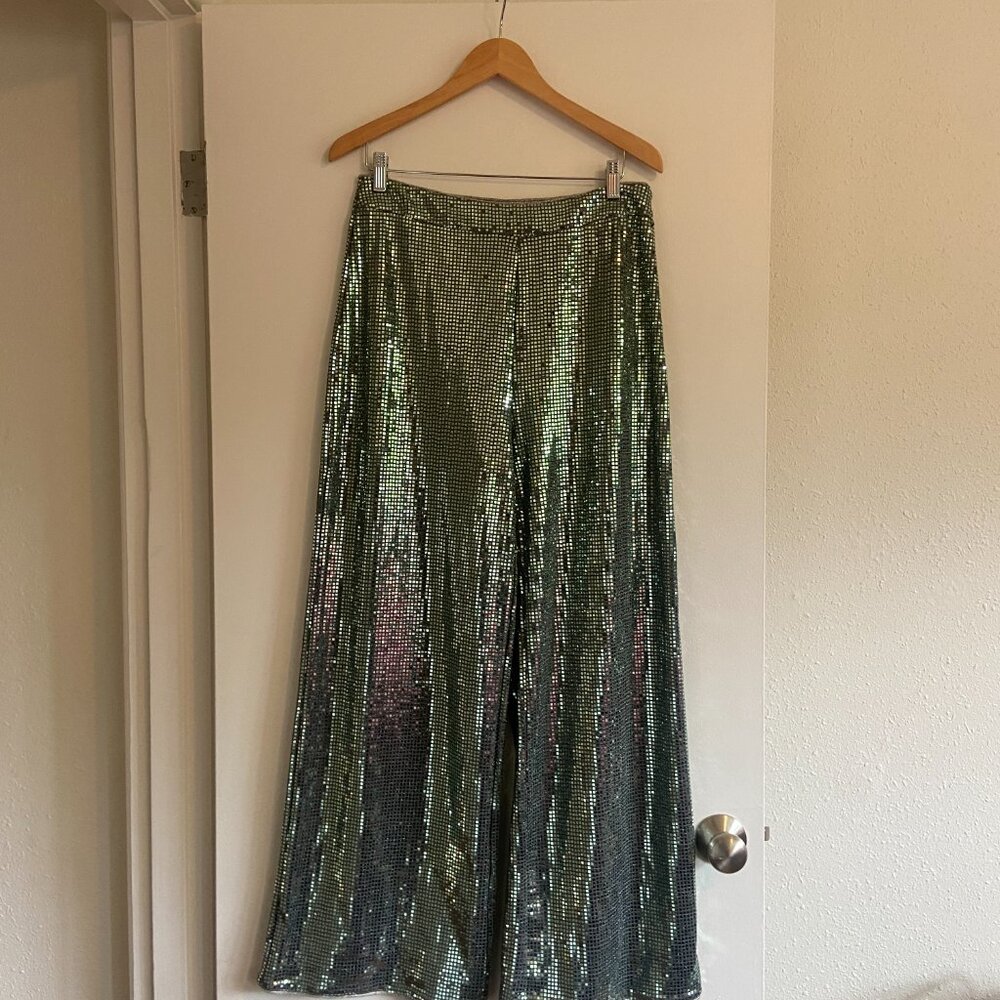 Silver, metallic, wide leg pants size L (US 8)